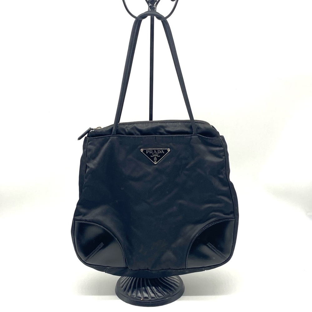 Prada Tessuto Black Shoulder Nylon Bag with Patent Leather Trim Zip Shoulder Bag